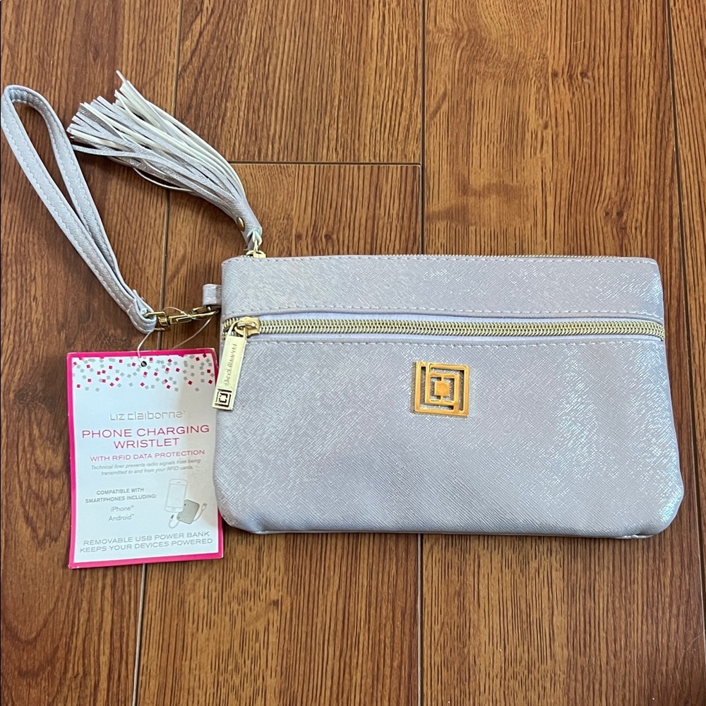 NWT Liz Claiborne Metallic Silver Phone Charging Wristlet with Tassel